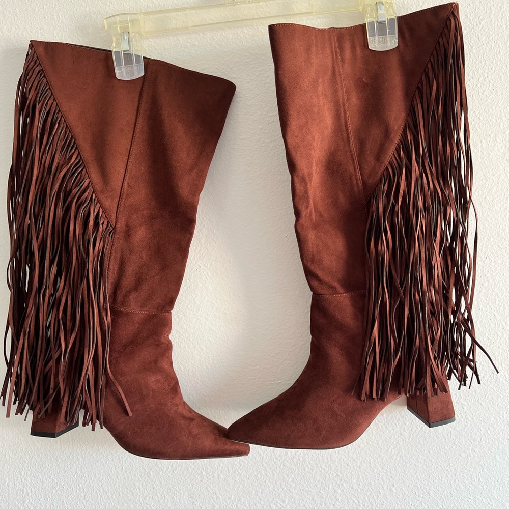 Extra wide calf. Fashion to Figure Fringe Suede Heeled Boots - Brown